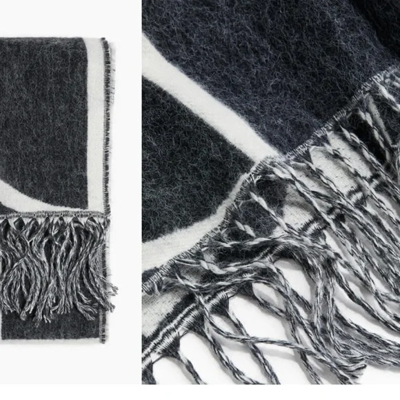 • F R E E • NWT • H&M • Gray & White Patterned Wool Scarf with Fringe - Picture 5 of 6